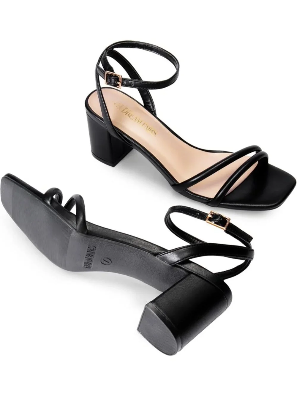 Women's Black Faux Leather Square-Toe Chunky Block Ankle Buckle Heels Sandals